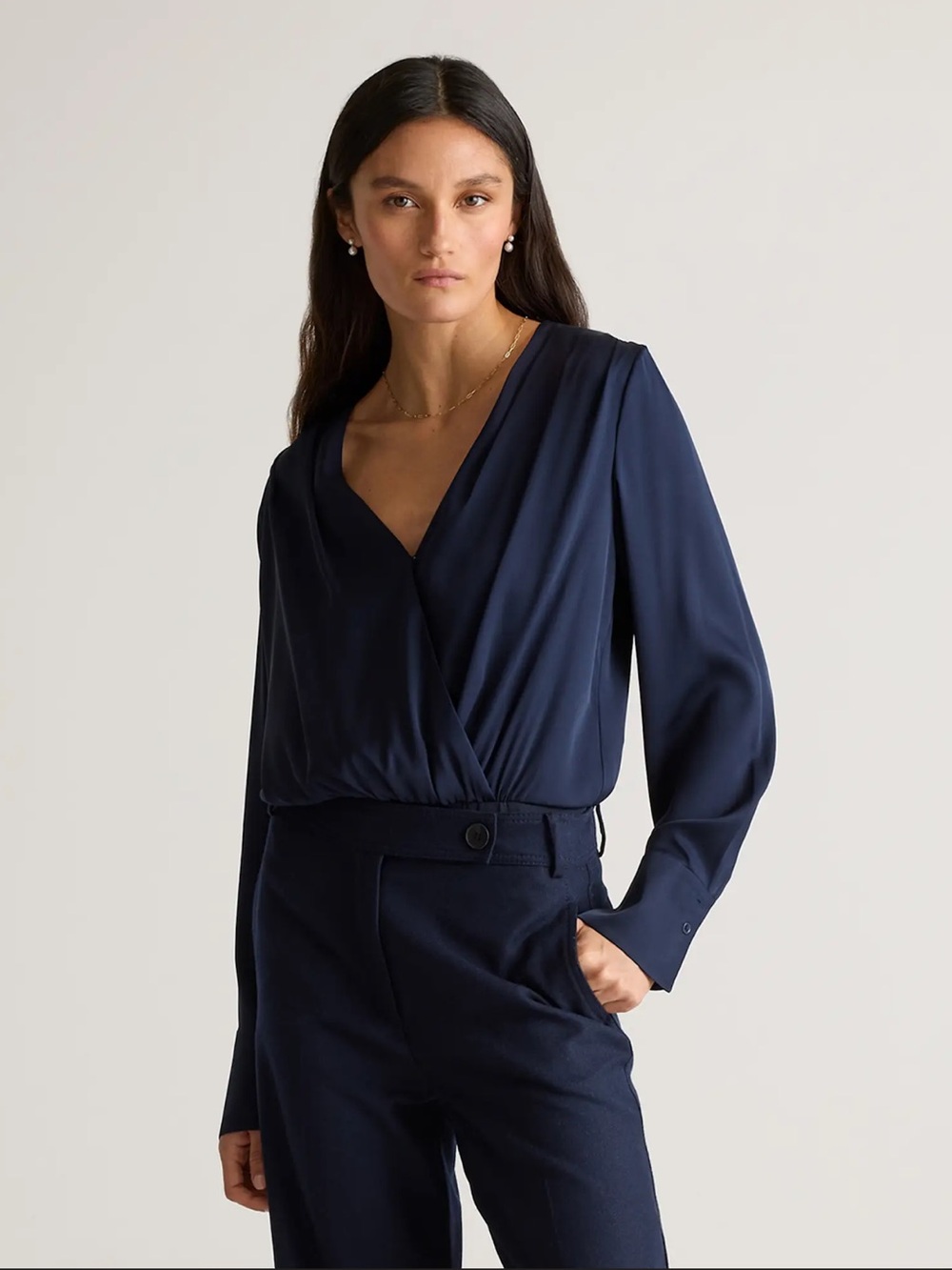 Quince Washable Silk Surplice Bodysuit Stretch Women’s Medium Navy Blue